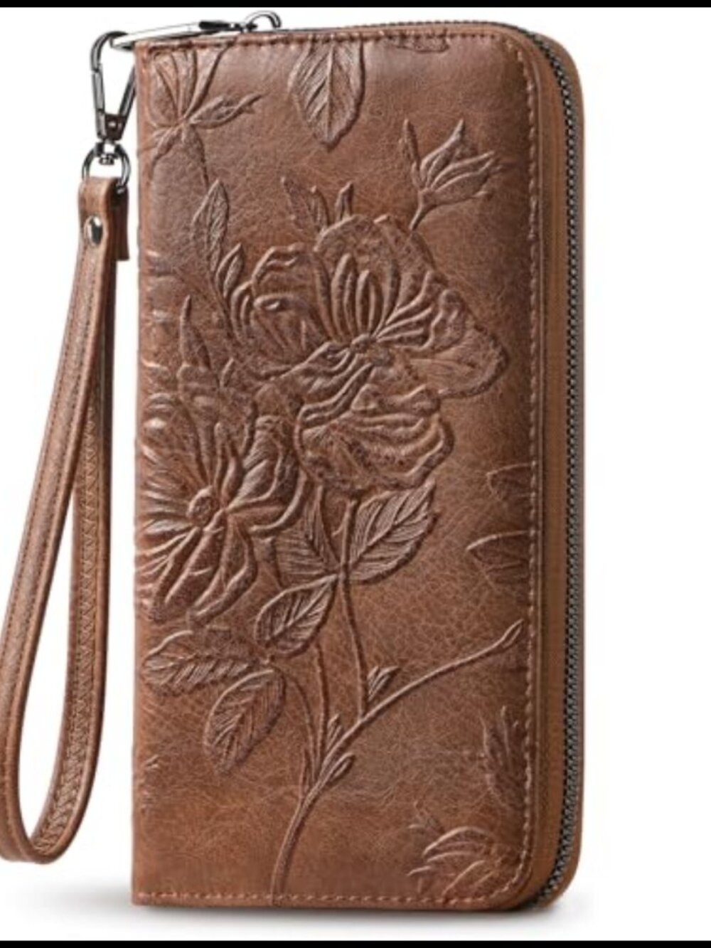 Large Capacity RFID Wristlet Wallet Vegan Leather Clutch Floral Embossed